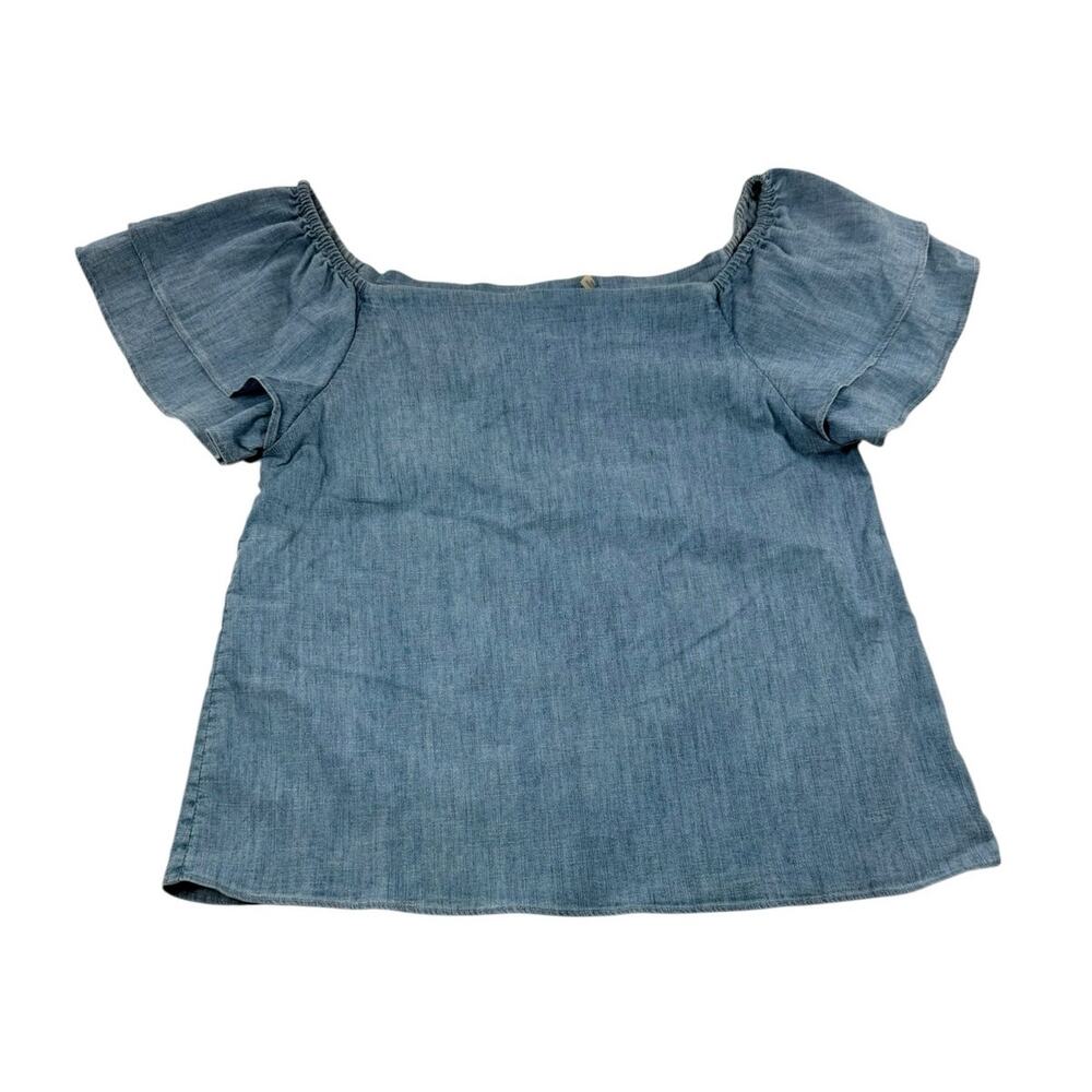 Alice + Olivia Ruffled Chambray Top M Blue Off Shoulder Linen Blend Boho Blouse